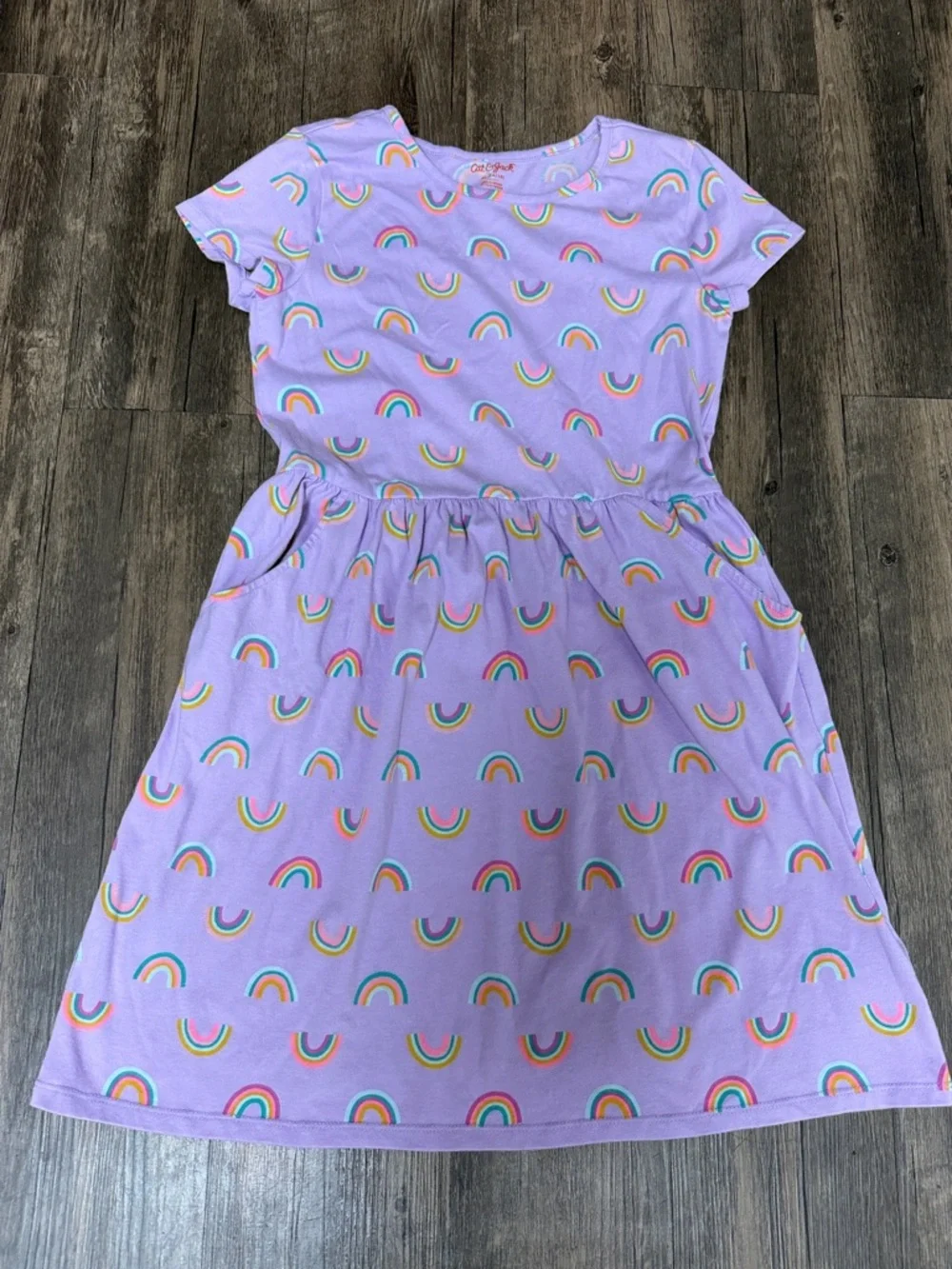 Cat & Jack Girls Lavender Rainbow Short Sleeve Dress Cotton Pocket Mid Length XL
